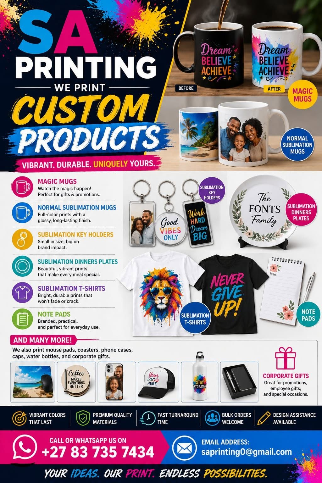 Custom printed mugs, key holders, shirts, notepads, caps, bottles, and corporate gifts