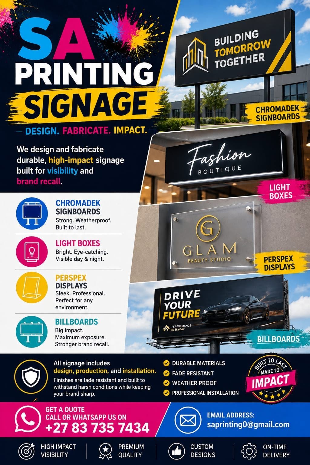 SA Printing signage services including signboards, light boxes, perspex displays, and billboards